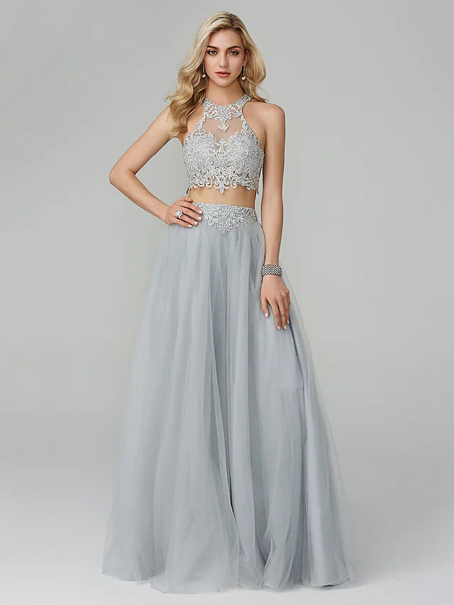 Two Piece Empire Prom Formal Evening Dress Halter Neck Sleeveless Floor Length Lace