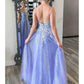 A-Line Prom Dresses Sparkle & Shine Dress Formal Floor Length Sleeveless V Neck Tulle Backless with Pleats Sequin