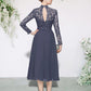 A-Line Mother of the Bride Dress Elegant High Neck Tea Length Chiffon Lace Long Sleeve with Appliques