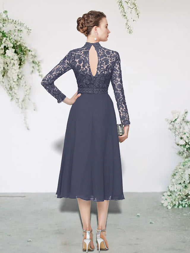 A-Line Mother of the Bride Dress Elegant High Neck Tea Length Chiffon Lace Long Sleeve with Appliques