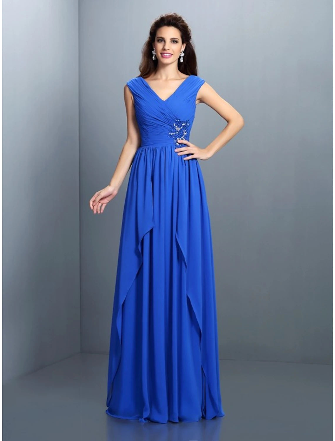 A-Line Evening Gown Sparkle & Shine Dress Wedding Guest Wedding Party Floor Length Sleeveless V Neck Bridesmaid Dress Chiffon