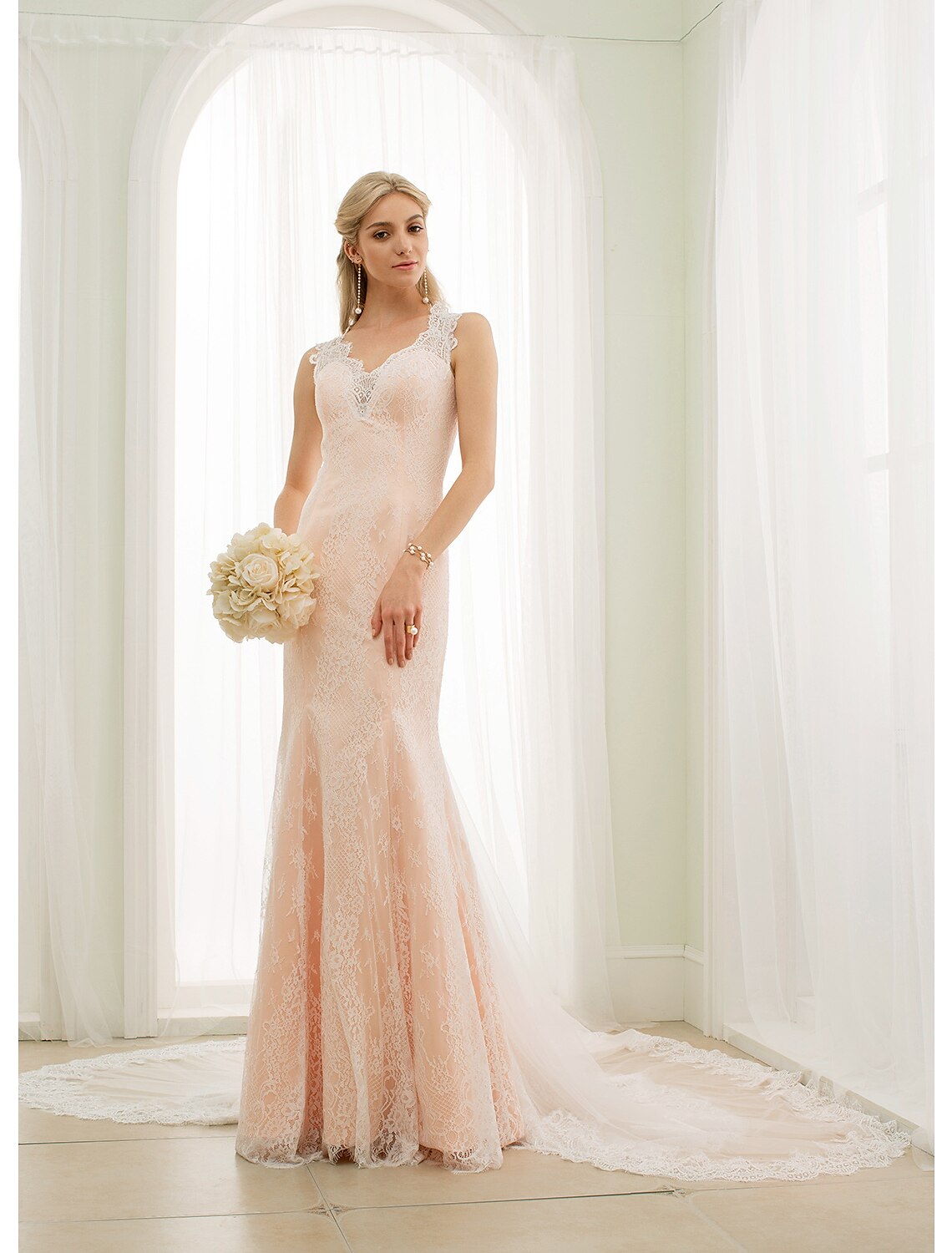 Hall Wedding Dresses Mermaid / Trumpet Plunging Neck Sleeveless Chapel Train Lace Bridal Gowns With Buttons