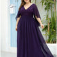 A-Line Mother of the Bride Dress Plus Size Elegant V Neck Floor Length Chiffon Tulle Half Sleeve with Sash