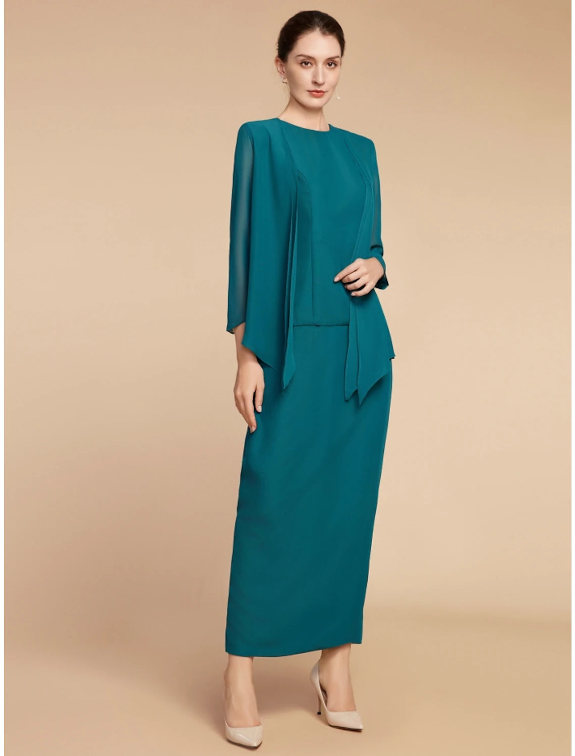 Sheath / Column Mother of the Bride Dress Wedding Guest Elegant Simple Jewel Neck Ankle Length Chiffon Long Sleeve with Split Front Ruching