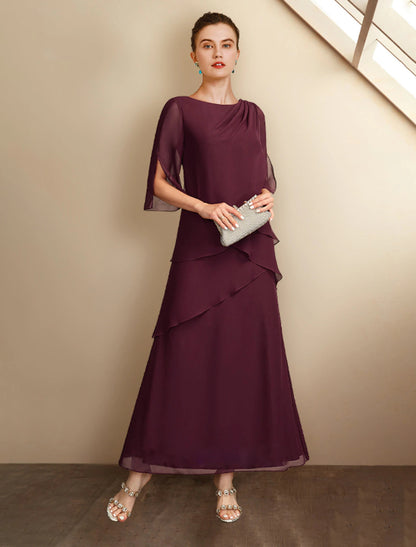 A-Line Mother of the Bride Dress Wedding Guest Plus Size Elegant Jewel Neck Ankle Length Chiffon Half Sleeve with Ruffles