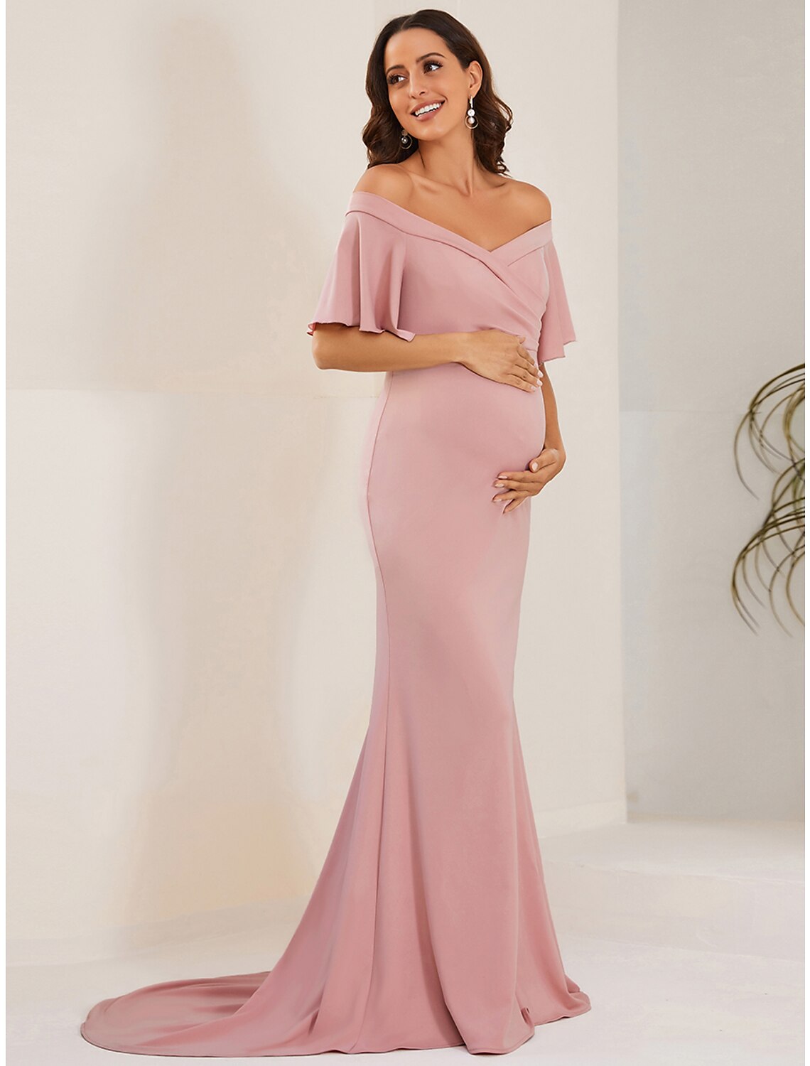 Mermaid / Trumpet Maternity Dresses Maternity Dress Formal Court Train Short Sleeve Off Shoulder Stretch Fabric with Ruched