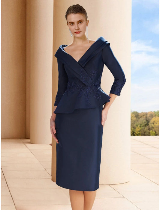 A-Line Mother of the Bride Dress Wedding Guest Elegant Petite V Neck Knee Length Satin 3/4 Length Sleeve with Split