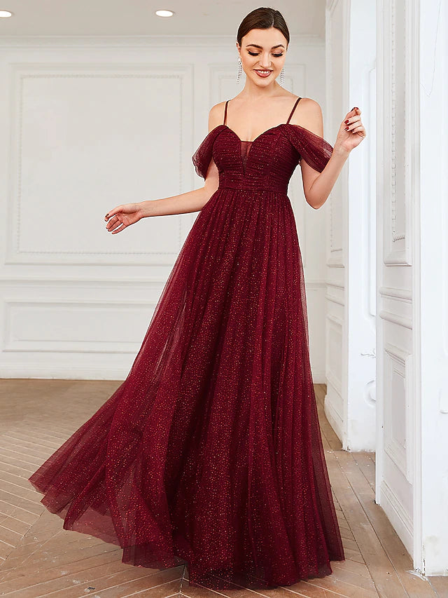 A-Line Bridesmaid Dress Spaghetti Strap / Off Shoulder Short Sleeve Elegant Floor Length Tulle with Draping / Ruching