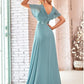 A-Line Evening Gown Elegant Dress Formal Court Train Long Sleeve Illusion Neck Stretch Satin with Pleats Ruched