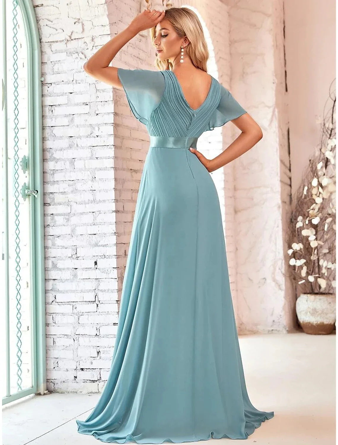 A-Line Evening Gown Elegant Dress Formal Court Train Long Sleeve Illusion Neck Stretch Satin with Pleats Ruched