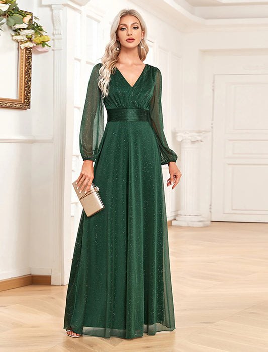 A-Line Evening Gown Elegant Dress Formal Floor Length Long Sleeve V Neck Chiffon