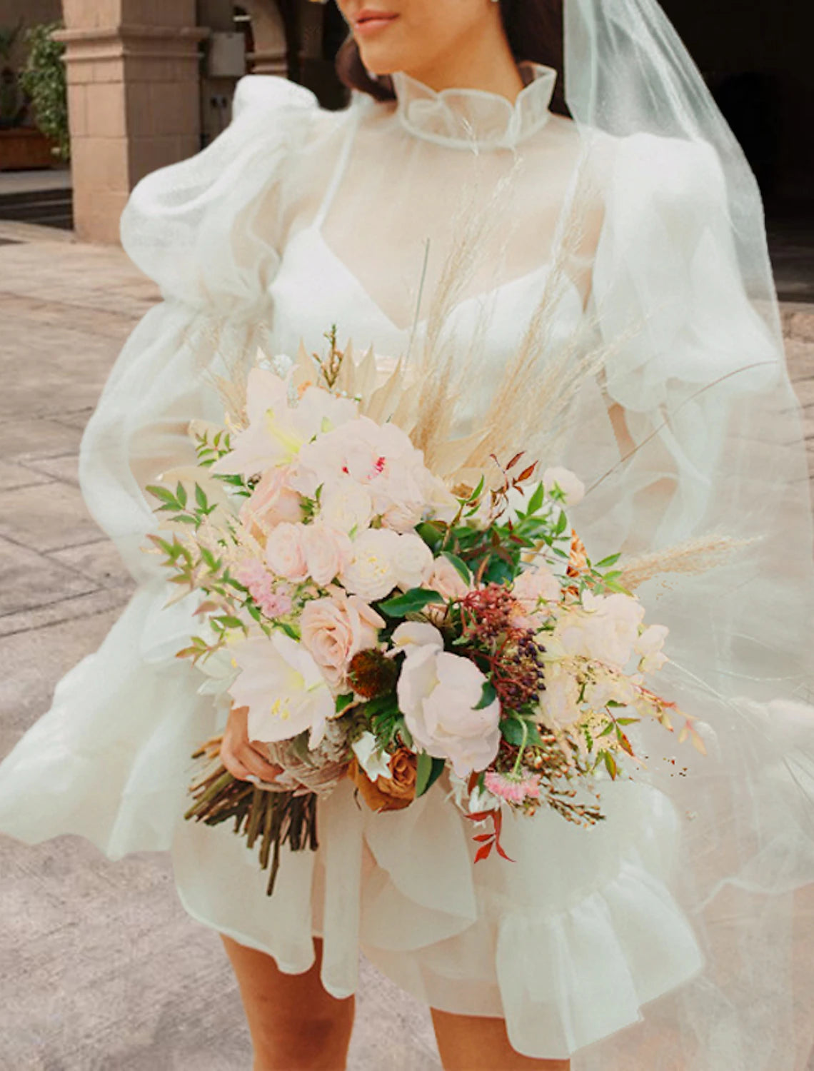 Reception Little Wedding Dresses A-Line High Neck Long Sleeve Short / Mini Organza Bridal Gowns