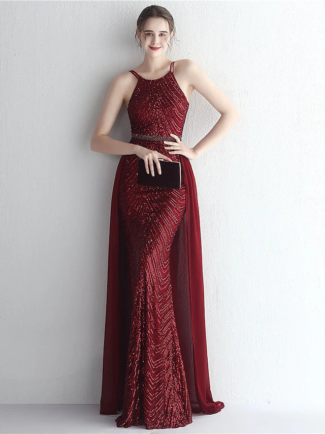 Mermaid / Trumpet Prom Dresses Elegant Dress Formal Floor Length Sleeveless Halter Chiffon with Beading