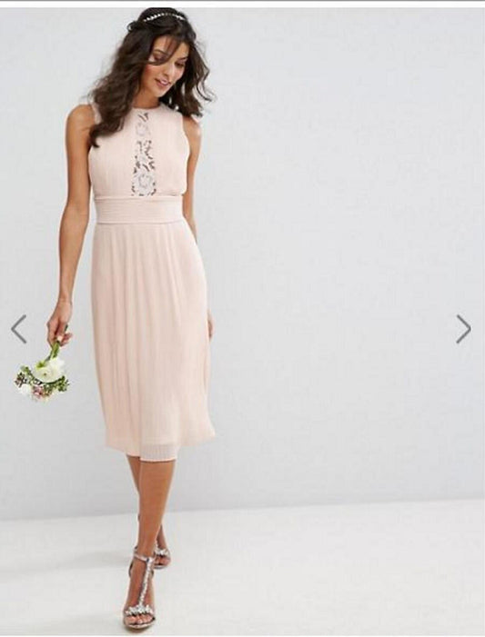 Sheath / Column Jewel Neck Tea Length Chiffon Bridesmaid Dress