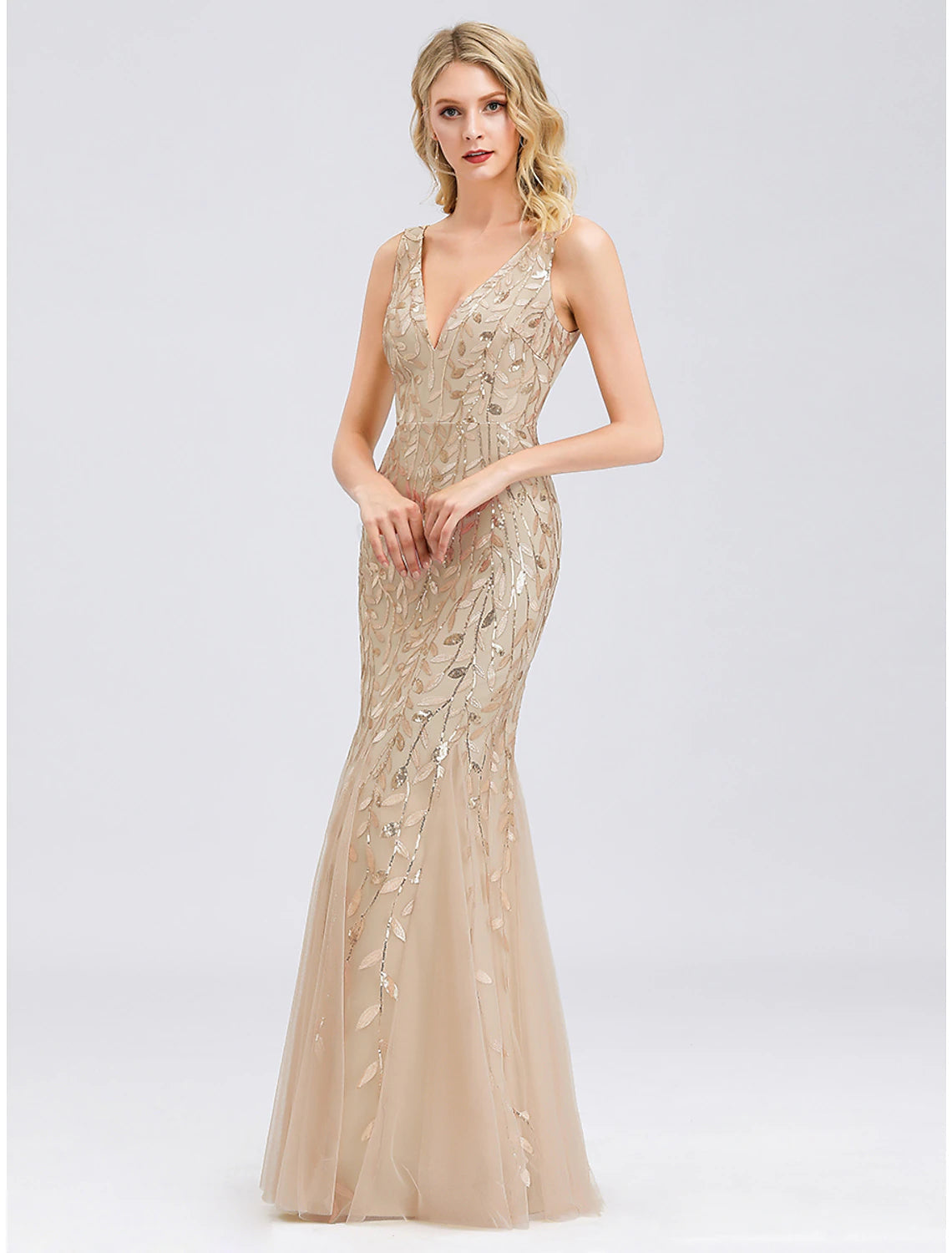 Mermaid / Trumpet Sparkle Sexy Prom Formal Evening Valentine's Day Dress V Neck V Back Sleeveless Floor Length Tulle with Sequin