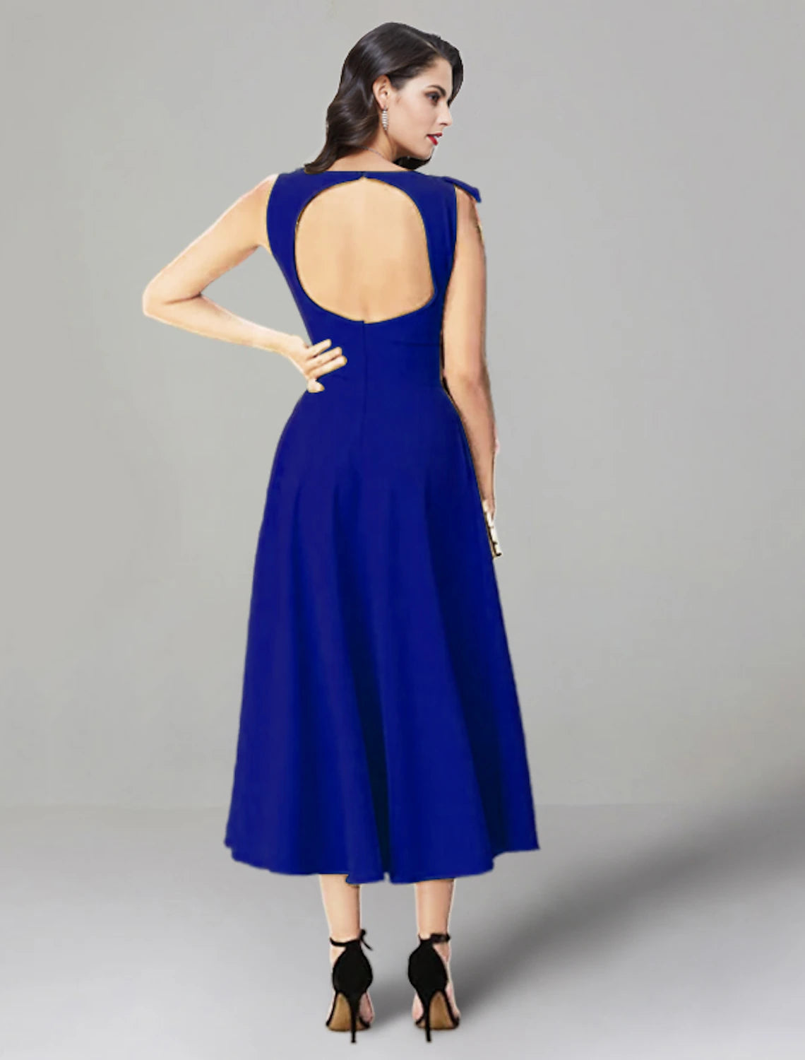 A-Line Wedding Guest Dresses Backless Dress Summer Tea Length Sleeveless Jewel Neck Stretch Fabric