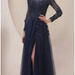 A-Line Mother of the Bride Dress Wedding Guest Elegant Scoop Neck Ankle Length Lace Tulle Long Sleeve with Split Front