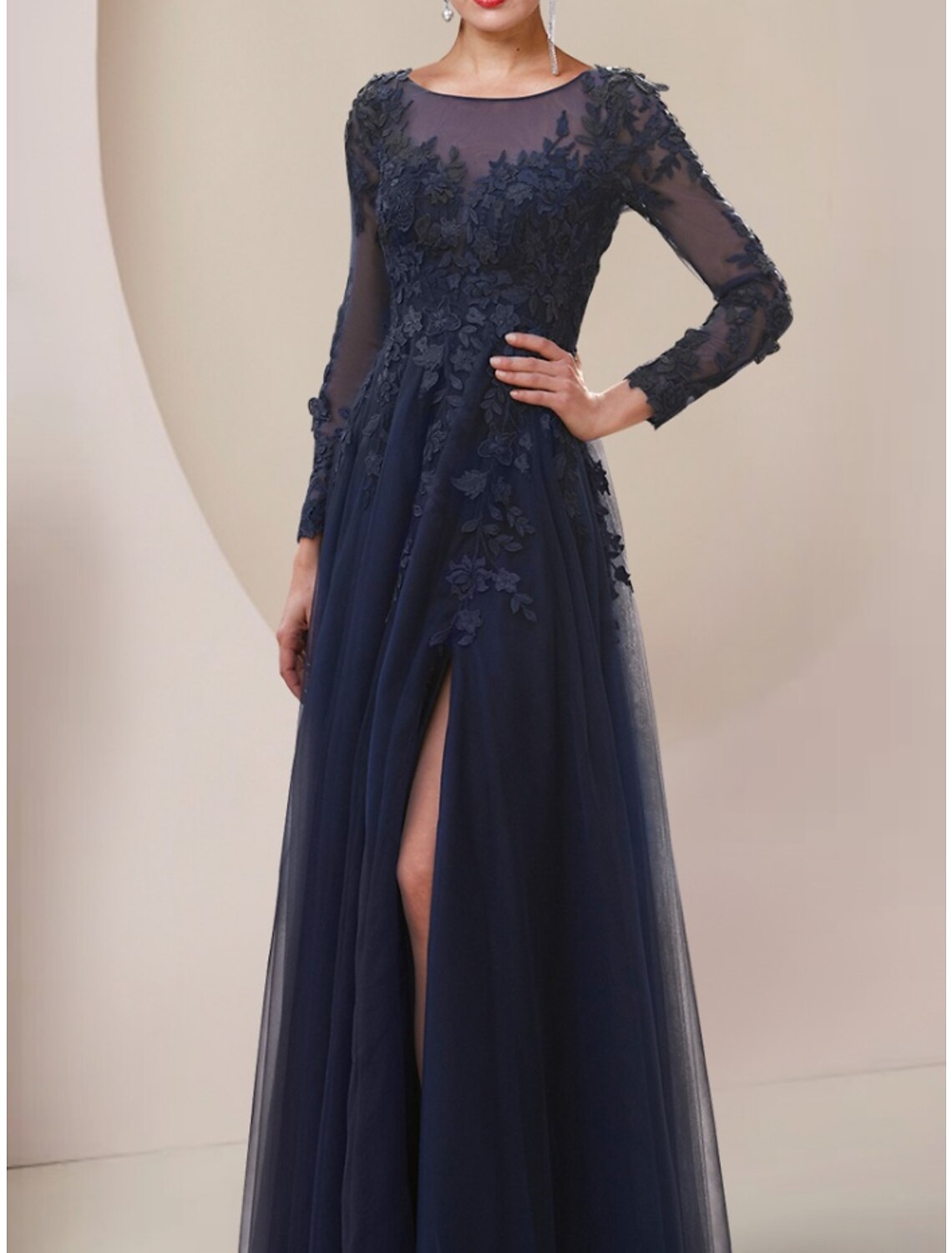 A-Line Mother of the Bride Dress Wedding Guest Elegant Scoop Neck Ankle Length Lace Tulle Long Sleeve with Split Front