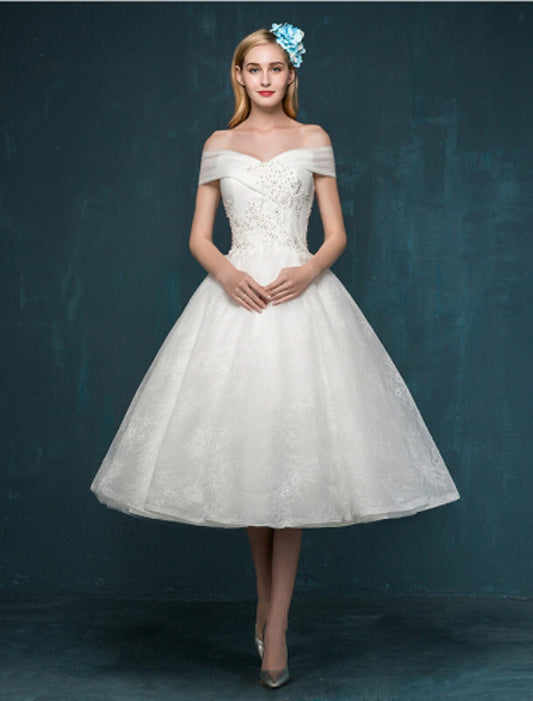 Reception Little White Dresses Wedding Dresses A-Line Off Shoulder Cap Sleeve Tea Length Lace Bridal Gowns With Beading