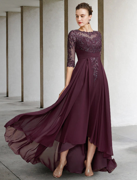 A-Line Mother of the Bride Dress Elegant High Low Jewel Neck Asymmetrical Floor Length Chiffon Lace Half Sleeve with Pleats