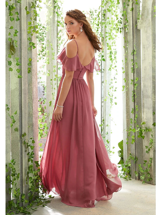 A-Line Bridesmaid Dress Spaghetti Strap Short Sleeve Open Back Floor Length Chiffon with Ruffles