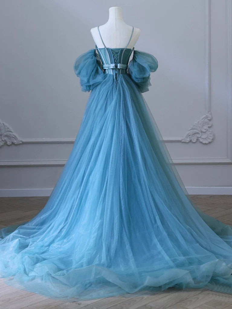 A-Line Sweetheart Neck Tulle Long Prom Dress Pure Color