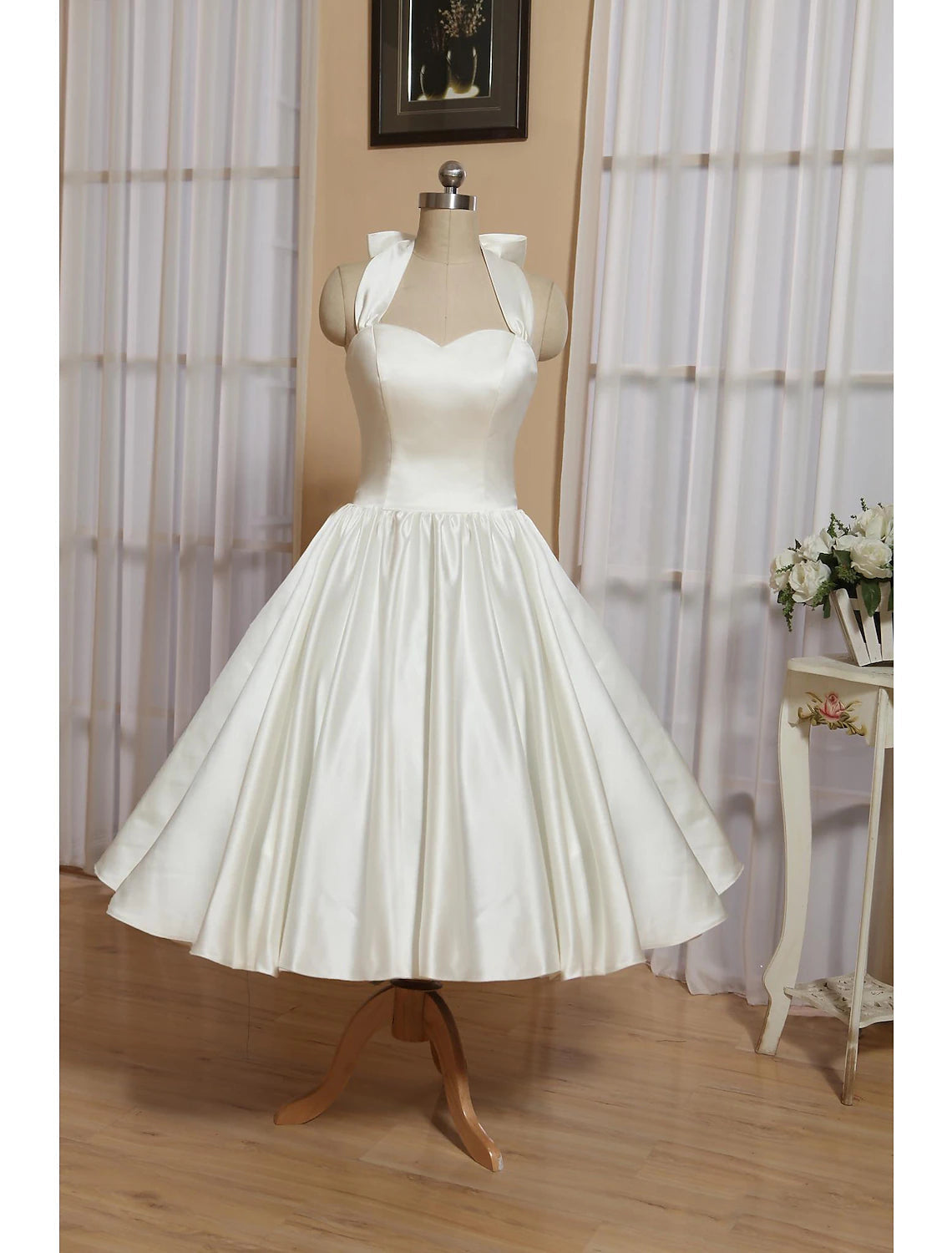 Reception Little White Dresses Wedding Dresses A-Line Halter Sleeveless Tea Length Satin Bridal Gowns With Bow(s)