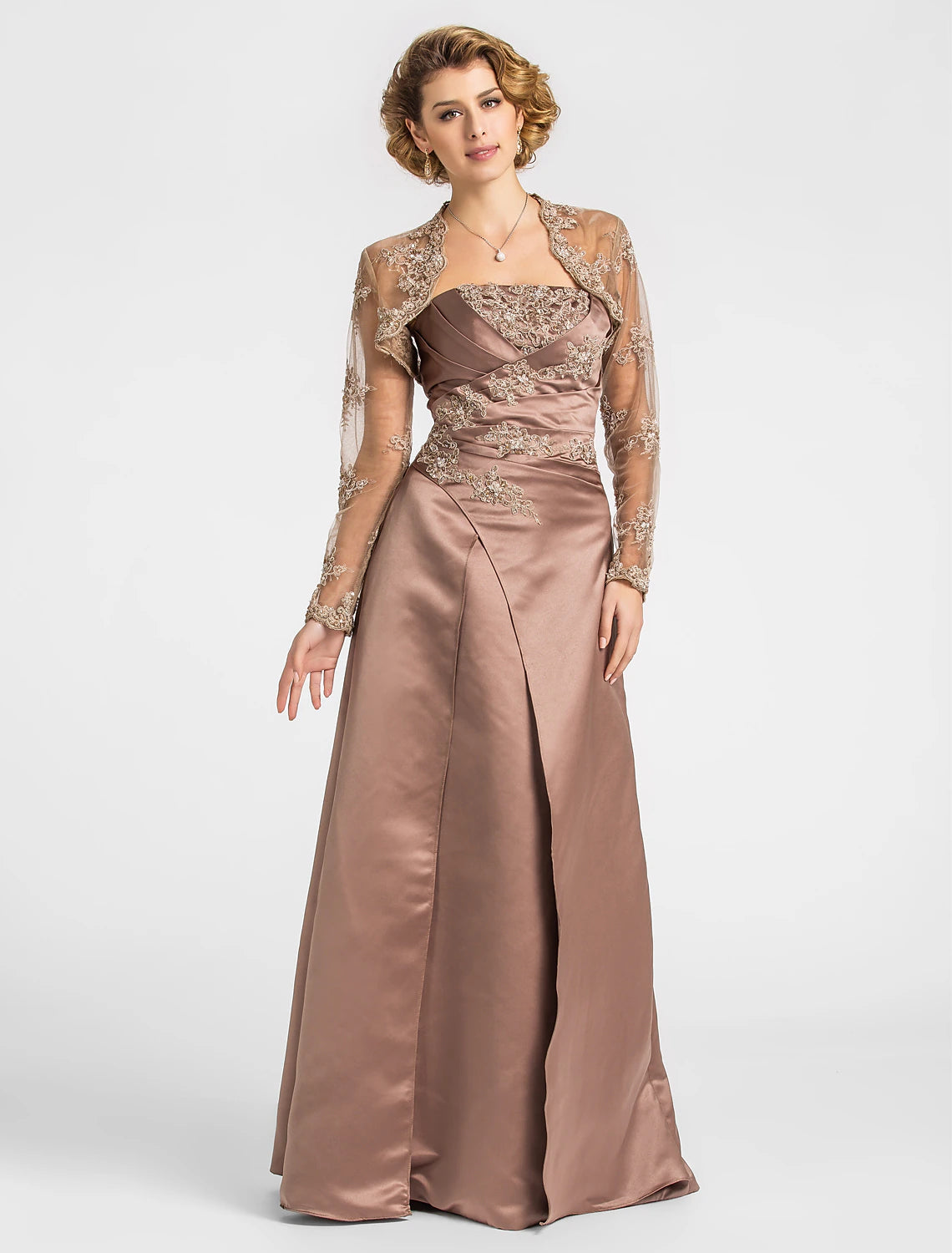 A-Line Mother of the Bride Dress Strapless Floor Length Satin Lace Sleeveless with Criss Cross Beading