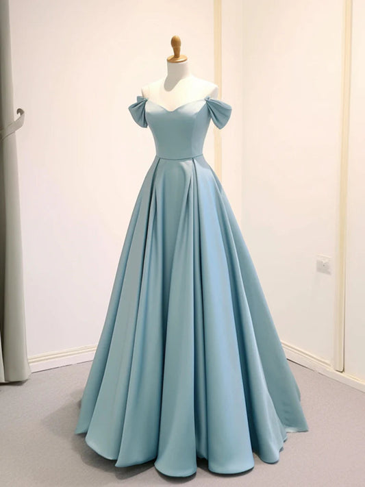 A-Line Off Shoulder Satin Long Prom Dress Long Formal Dress Pure Color