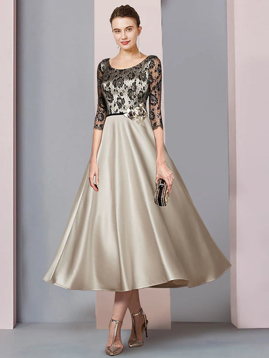 A-Line Mother of the Bride Dress Formal Church Party Elegant Scoop Neck Tea Length Satin Lace Half Sleeve with Flower Color