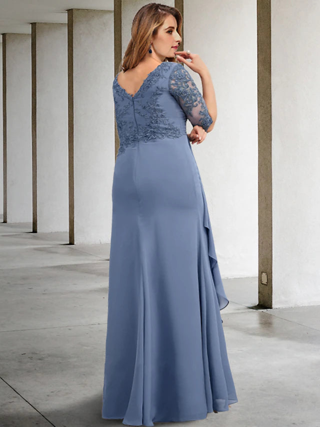 A-Line Plus Size Curve Mother of the Bride Dresses Elegant Dress Formal Floor Length Half Sleeve V Neck Chiffon with Pleats