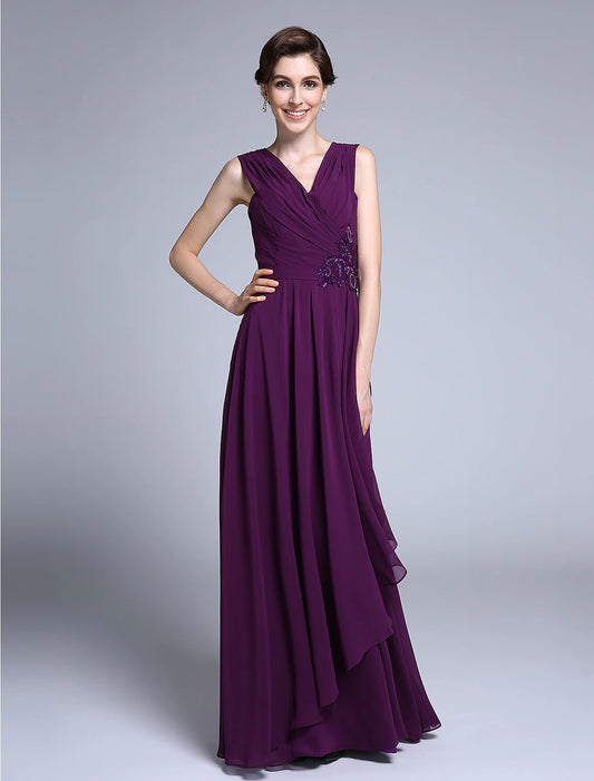 Sheath / Column Mother of the Bride Dress Elegant V Neck Floor Length Chiffon Sleeveless No with Criss Cross