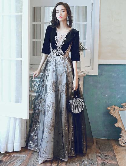 A-Line Glittering Cut Out Party Wear Formal Evening Dress Illusion Neck Half Sleeve Floor Length Velvet with Sequin