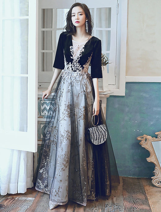A-Line Glittering Cut Out Party Wear Formal Evening Dress Illusion Neck Half Sleeve Floor Length Velvet with Sequin