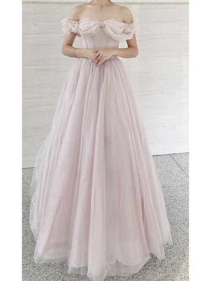 A-Line Prom Dresses Empire Dress Prom Sweep / Brush Train Short Sleeve Sweetheart Tulle with Pleats