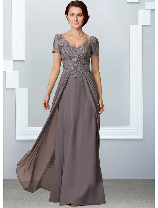 A-Line Mother of the Bride Dress Elegant V Neck Floor Length Chiffon Lace Short Sleeve with Pleats