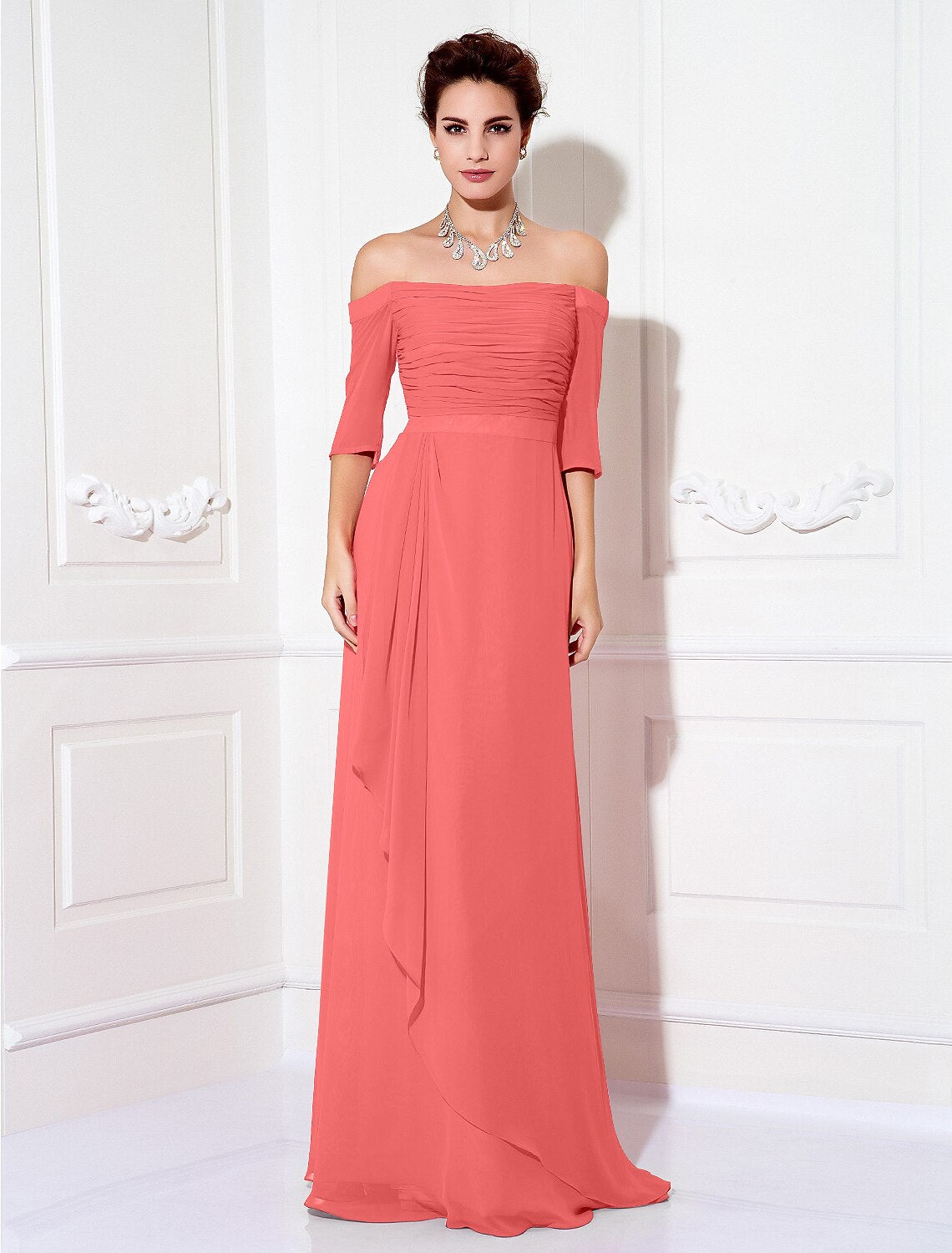 Sheath / Column Minimalist Dress Wedding Guest Sweep / Brush Train Half Sleeve Off Shoulder Chiffon