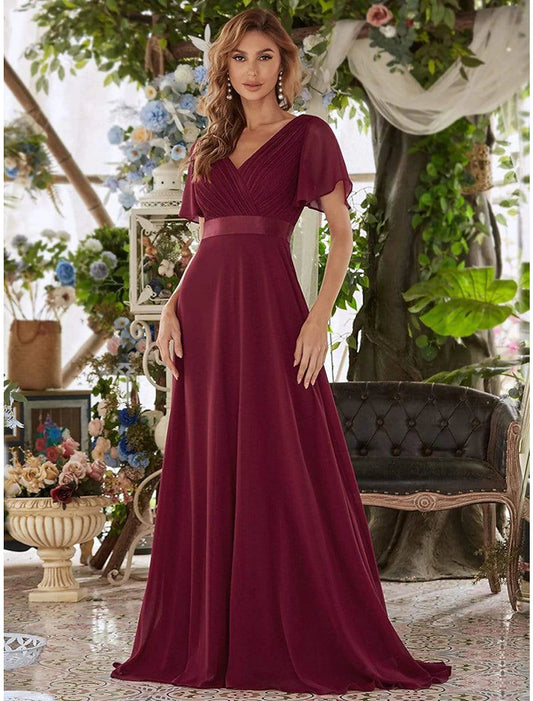 A-Line Evening Gown Empire Dress Wedding Guest Formal Evening Floor Length Short Sleeve V Neck Bridesmaid Dress Chiffon V Back