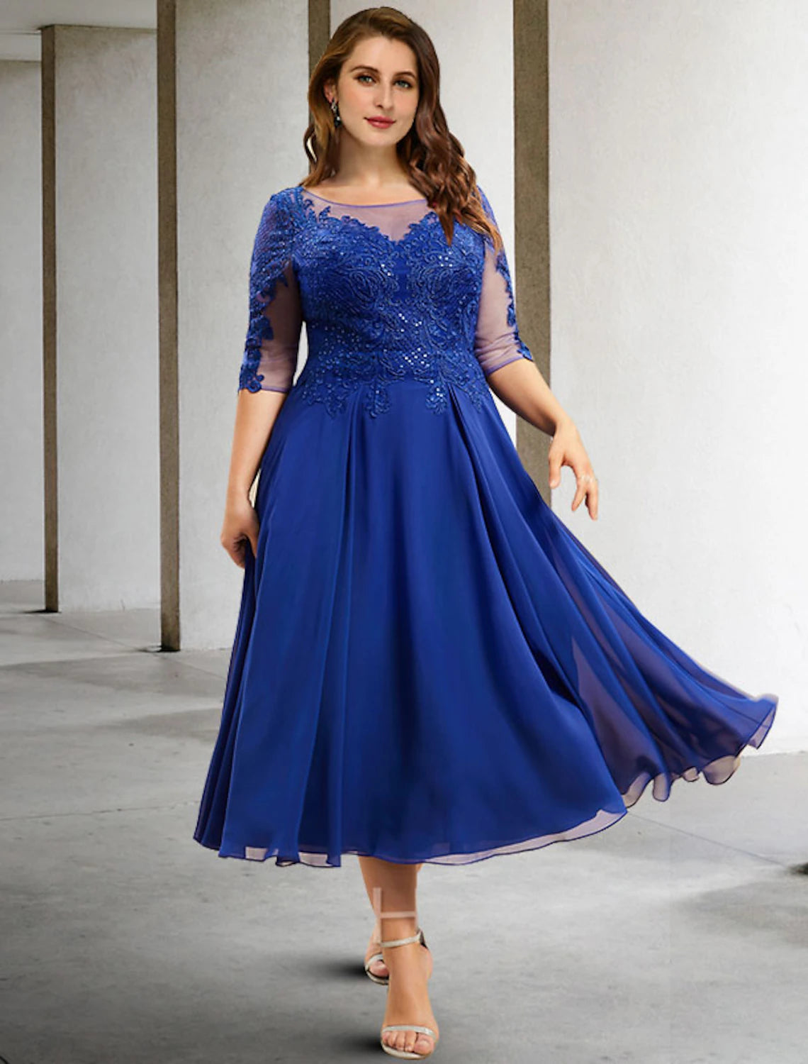 A-Line Plus Size Curve Mother of the Bride Dresses Elegant Dress Formal Wedding Guest Tea Length Half Sleeve Jewel Neck Chiffon