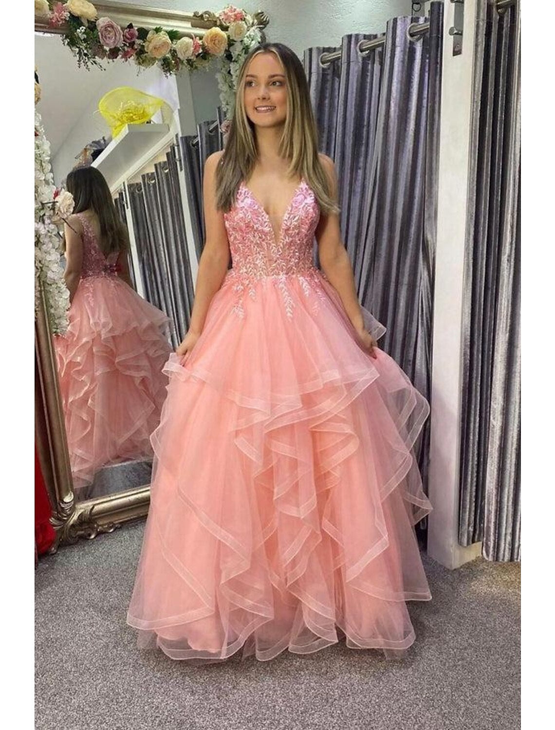 A-Line Prom Dresses Princess Dress Formal Floor Length Sleeveless V Neck Tulle Backless with Pleats