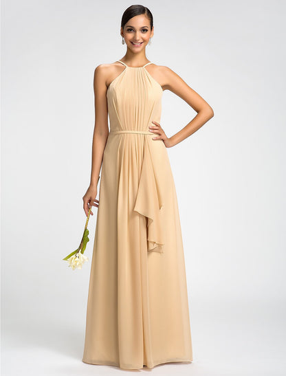 Sheath High Neck Floor Length Chiffon Bridesmaid Dress with Draping