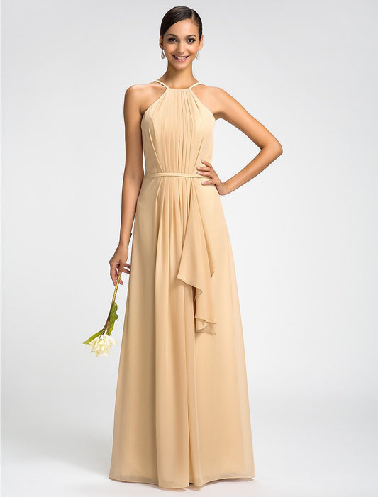 Sheath High Neck Floor Length Chiffon Bridesmaid Dress with Draping