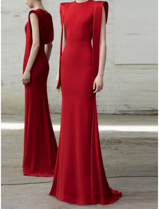 Mermaid / Trumpet Evening Gown Elegant Christmas Red Green Dress Dress Formal Sweep / Brush Train Sleeveless Jewel Neck Stretch Fabric