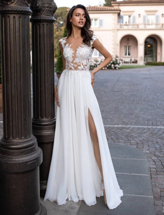Beach Open Back Wedding Dresses A-Line Illusion Neck Cap Sleeve Sweep / Brush Train Chiffon Bridal Gowns With Appliques Split