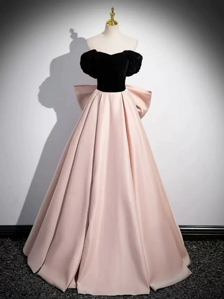 A-Line Off Shoulder Satin Long Prom Dress With Bow