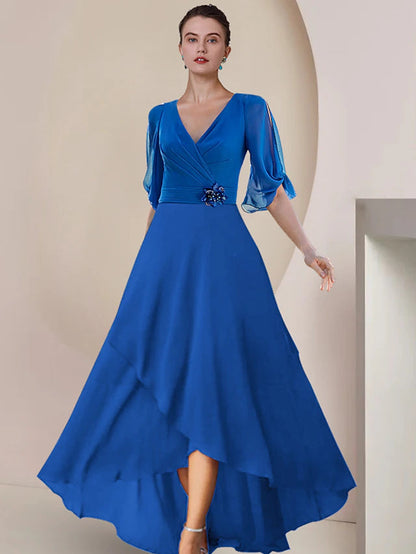 A-Line Mother of the Bride Dress Wedding Guest Party Elegant V Neck Asymmetrical Chiffon Half Sleeve with Crystal Brooch