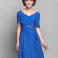 A-Line Mother of the Bride Dress Elegant V Neck Knee Length Chiffon Short Sleeve with Criss Cross Beading