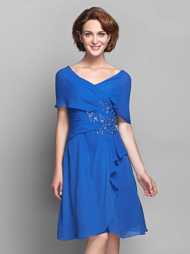 A-Line Mother of the Bride Dress Elegant V Neck Knee Length Chiffon Short Sleeve with Criss Cross Beading