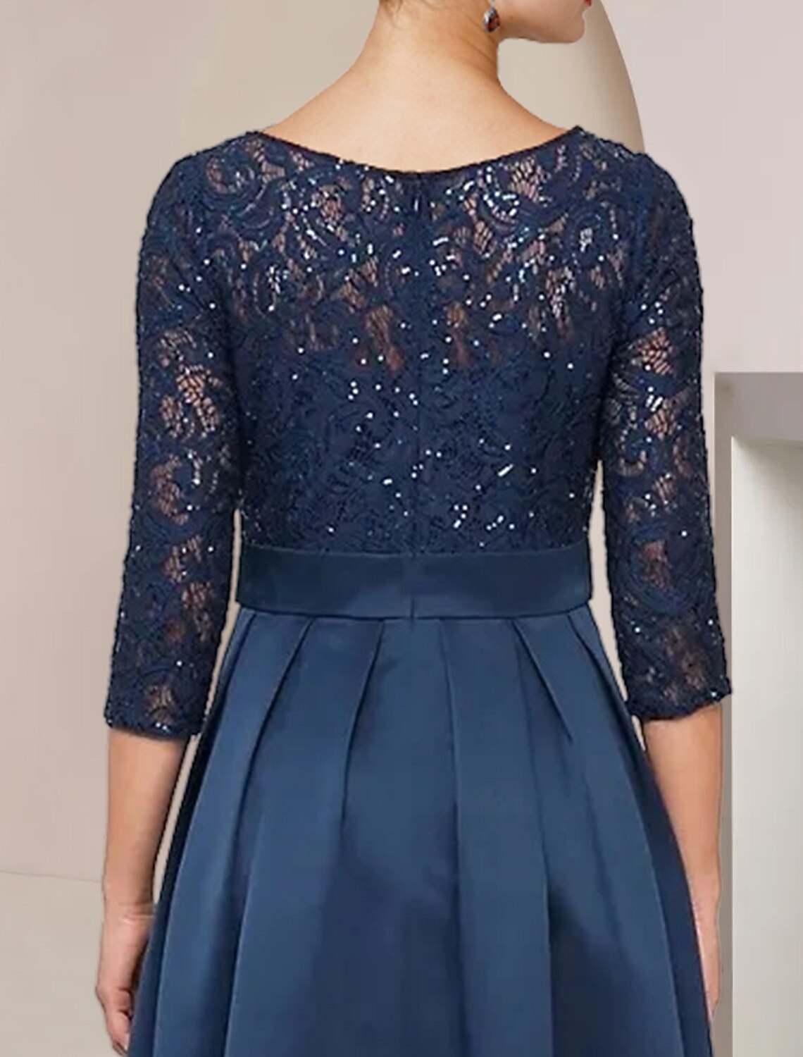 A-Line Mother of the Bride Dress Wedding Guest Elegant High Low Scoop Neck Asymmetrical Tea Length Lace Taffeta 3/4 Length Sleeve
