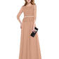 A-Line Mother of the Bride Dress Elegant Jewel Neck Floor Length Chiffon Lace Bodice 3/4 Length Sleeve with Sash / Ribbon